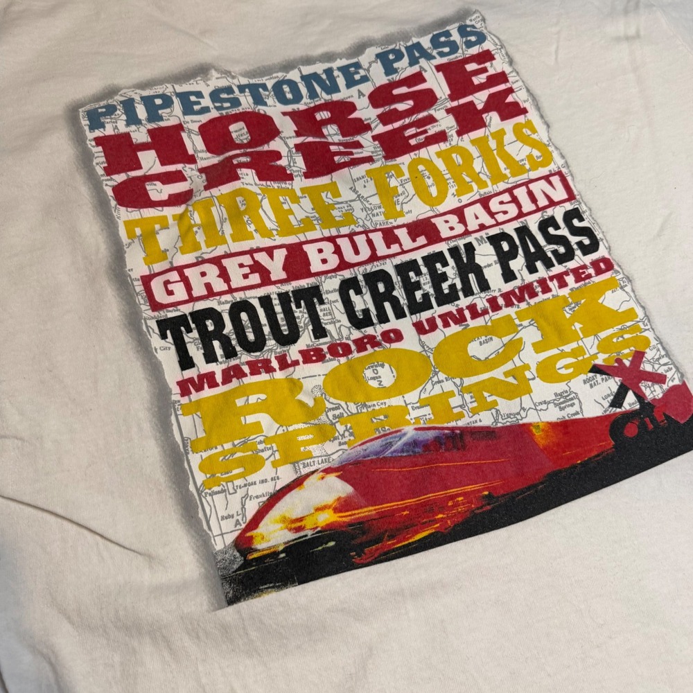 90s Marlboro Unlimited White Pocket TShirt Graphic Horse Creek Pipestone Pass XL - Picture 3 of 6